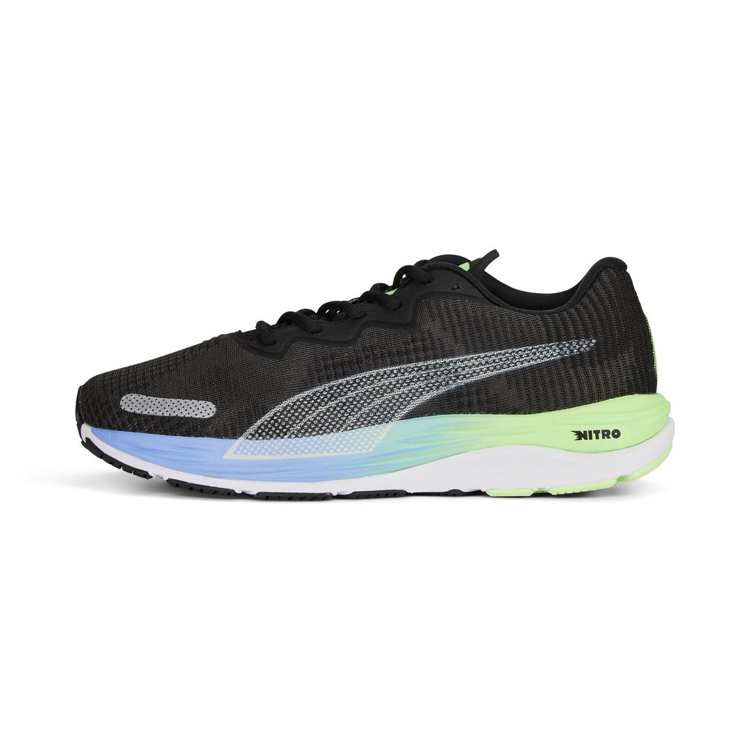Black running shoe with multicolor sole on a white background