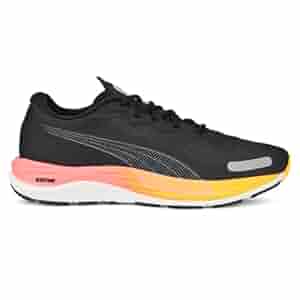 Black running shoe with pink and yellow accents on a white background