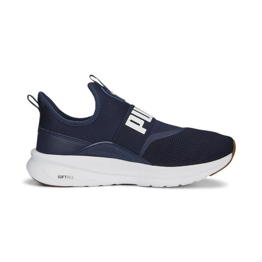 Navy slip-on sneaker with white sole on a white background